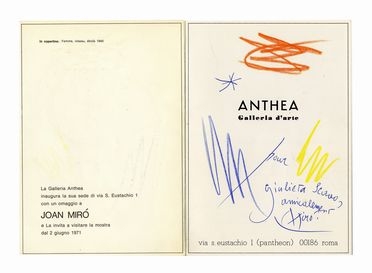  Miró Joan : Disegno autografo a colori con dedica e firma.  - Asta Libri, autografi e manoscritti - Libreria Antiquaria Gonnelli - Casa d'Aste - Gonnelli Casa d'Aste