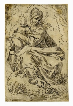  Simone Cantarini  (Pesaro, 1612 - Verona, 1648) [attribuito a] : La Vergine con il Bambino sulle nubi.  - Asta Arte Antica, Moderna e Contemporanea - PARTE I - Libreria Antiquaria Gonnelli - Casa d'Aste - Gonnelli Casa d'Aste