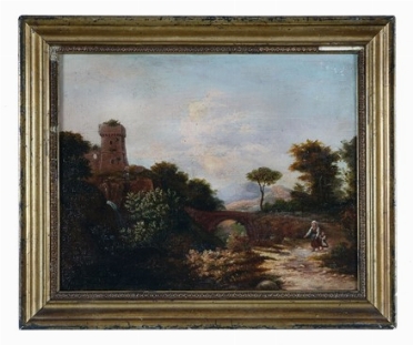 Andrea Markò  (Vienna, 1826 - Firenze, 1895) [attribuito a] : Paesaggio con ponte  [..]