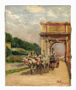  Filippo Anivitti  (Roma, 1876 - 1955) : Arco di trionfo e carro di buoi.  - Asta  [..]