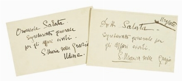  D'Annunzio Gabriele : 2 buste autografe inviate a Francesco Salata, Segretario  [..]