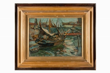  Mario Puccini  (Livorno, 1869 - Firenze, 1920) : Barche nel porto.  - Auction Modern  [..]