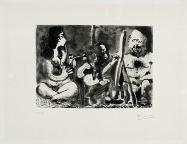  Pablo Picasso  (Malaga, 1881 - Mougins, 1973) : Peintre au travail avec modele barbu et une spectatrice assise en tailleur.  - Auction Modern and Contemporary Art [II Part ] - Libreria Antiquaria Gonnelli - Casa d'Aste - Gonnelli Casa d'Aste