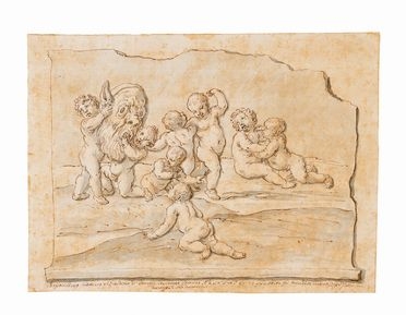  Pier Leone Ghezzi  (Roma, 1674 - 1755) : Bassorilievo con scherzi di putti con mascherone.  - Asta STAMPE E DISEGNI DAL XVI AL XX SECOLO - Libreria Antiquaria Gonnelli - Casa d'Aste - Gonnelli Casa d'Aste
