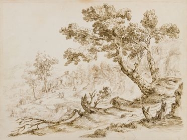  Marco Ricci  (Belluno, 1676 - Venezia, 1730) : Paesaggio collinare con villaggio.  - Asta STAMPE E DISEGNI DAL XVI AL XX SECOLO - Libreria Antiquaria Gonnelli - Casa d'Aste - Gonnelli Casa d'Aste
