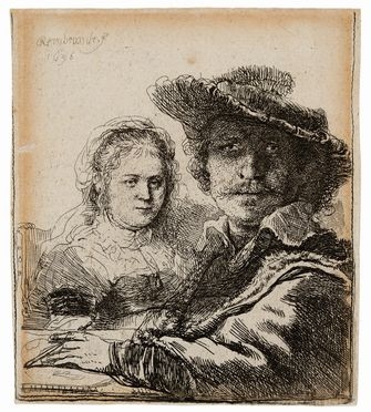  Rembrandt Harmenszoon van Rijn  (Leida,, 1606 - Amsterdam,, 1669) : Autoritratto con Saskia.  - Asta STAMPE E DISEGNI DAL XVI AL XX SECOLO - Libreria Antiquaria Gonnelli - Casa d'Aste - Gonnelli Casa d'Aste
