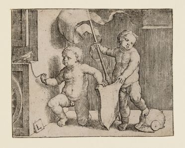  Lucas Van Leyden  (Leida,, 1494 - 1533) : Due putti nudi sorreggono uno scudo.  - Asta STAMPE E DISEGNI DAL XVI AL XX SECOLO - Libreria Antiquaria Gonnelli - Casa d'Aste - Gonnelli Casa d'Aste