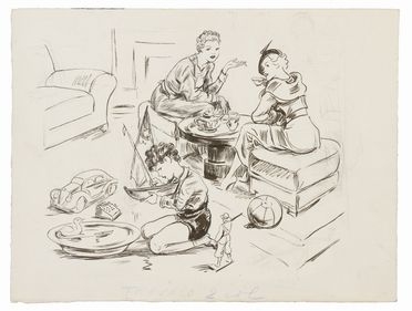  Luigi Bompard  (Roma, 1879 - 1953) : Scena familiare con due signore e un fanciullo che gioca.  - Asta STAMPE E DISEGNI DAL XVI AL XX SECOLO - Libreria Antiquaria Gonnelli - Casa d'Aste - Gonnelli Casa d'Aste