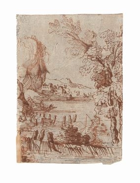  Giuseppe Maria Ficatelli  (Cento, 1639 - 1703) : Paesaggio fluviale con pescatori.  - Asta STAMPE E DISEGNI DAL XVI AL XX SECOLO - Libreria Antiquaria Gonnelli - Casa d'Aste - Gonnelli Casa d'Aste