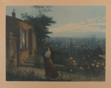  Lionello Balestrieri  (Cetona, 1872 - 1958) : Due amanti in giardino sullo sfondo di Parigi.  - Asta STAMPE E DISEGNI DAL XVI AL XX SECOLO - Libreria Antiquaria Gonnelli - Casa d'Aste - Gonnelli Casa d'Aste