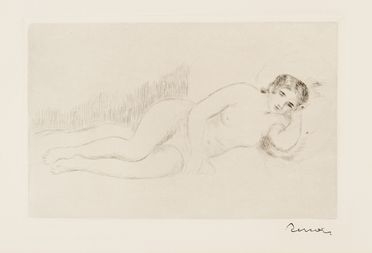  Pierre Auguste Renoir  (Limoges, 1841 - Cagnes, 1919) : Femme nue couchée (tournée a droite).  - Asta STAMPE E DISEGNI DAL XVI AL XX SECOLO - Libreria Antiquaria Gonnelli - Casa d'Aste - Gonnelli Casa d'Aste