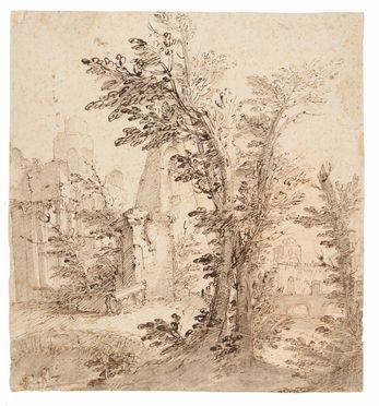  Carlo Lodi  (Bologna, 1701 - 1765) [attribuito a] : Paesaggio con alberi e rovine.  - Asta STAMPE E DISEGNI DAL XVI AL XX SECOLO - Libreria Antiquaria Gonnelli - Casa d'Aste - Gonnelli Casa d'Aste
