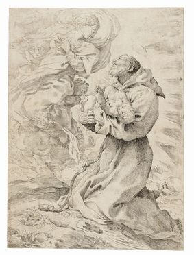  Pietro Faccini  (Bologna, 1562 - 1602) : San Francesco tiene in braccio Gesù Bambino al cospetto della Madonna.  - Asta STAMPE E DISEGNI DAL XVI AL XX SECOLO - Libreria Antiquaria Gonnelli - Casa d'Aste - Gonnelli Casa d'Aste