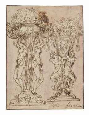  Guglielmo Della Porta  (Porlezza, 1515 - Roma, 1577) : Studi di vasi sorretti da figure femminili e satiri.  - Asta STAMPE E DISEGNI DAL XVI AL XX SECOLO - Libreria Antiquaria Gonnelli - Casa d'Aste - Gonnelli Casa d'Aste