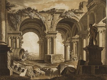 Abel Schlicht  (Germania, 1724 - 1826) : Capriccio architettonico con rovine classiche e la statua di Ercole.  - Asta Stampe e Disegni - Libreria Antiquaria Gonnelli - Casa d'Aste - Gonnelli Casa d'Aste