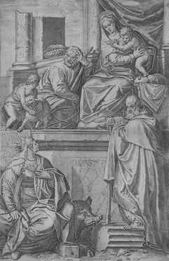  Agostino Carracci  (Bologna, 1557 - Parma, 1602) : Sacra Famiglia con S. Giovannino, S. Caterina d'Alessandria e S. Antonio Abate.  - Auction Prints and Drawings - Libreria Antiquaria Gonnelli - Casa d'Aste - Gonnelli Casa d'Aste