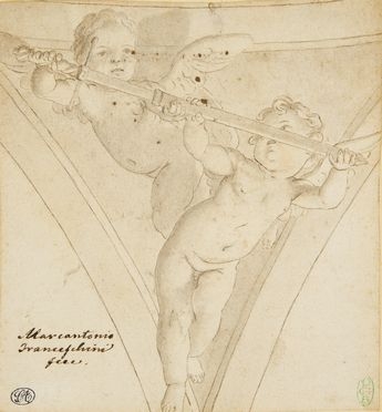  Marcantonio Franceschini  (Bologna, 1648 - 1729) : Composizione di un pennacchio con due angioletti che tengono una spada.  - Asta Stampe e Disegni - Libreria Antiquaria Gonnelli - Casa d'Aste - Gonnelli Casa d'Aste