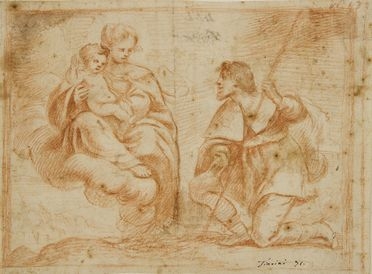  Alessandro Tiarini  (Bologna, 1577 - 1668) [attribuito a] : Madonna con Gesù Bambino adorata da San Rocco.  - Asta Stampe e Disegni - Libreria Antiquaria Gonnelli - Casa d'Aste - Gonnelli Casa d'Aste