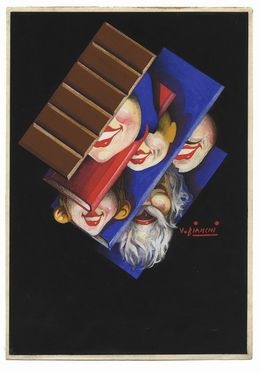  Virginio Bianchi  (Massarosa, 1899 - 1970) : Bozzetto pubblicitario: Volti sorridenti e tavolette di cioccolato.  - Asta Stampe, disegni, carte geografiche e vedute - Libreria Antiquaria Gonnelli - Casa d'Aste - Gonnelli Casa d'Aste