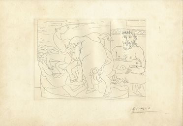  Pablo Picasso  (Malaga, 1881 - Mougins, 1973) : Le Repos du Sculpteur devant des Chevaux et un Taureau.  - Asta Stampe, disegni, carte geografiche e vedute - Libreria Antiquaria Gonnelli - Casa d'Aste - Gonnelli Casa d'Aste