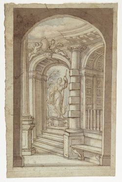  Jacopo Chiavistelli  (Firenze, 1621 - 1698) [attribuito a] : Studio di loggiato con nicchia e statua.  - Asta Stampe, disegni, carte geografiche e vedute - Libreria Antiquaria Gonnelli - Casa d'Aste - Gonnelli Casa d'Aste
