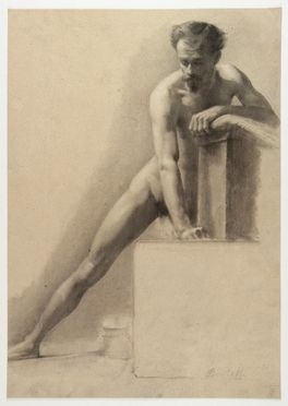  Sante Bertelli  (Arquata Scriva, 1840 - Genova, 1892) : Nudo virile frontale, appoggiato.  - Auction Prints, Drawings, Maps and Views - Libreria Antiquaria Gonnelli - Casa d'Aste - Gonnelli Casa d'Aste