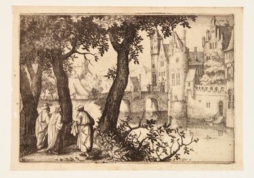  Cornelis Visscher  (Haarlem, 1629 - 1658) : Castello con fossato e tre figure a sinistra.  - Asta Stampe, disegni, carte geografiche e vedute - Libreria Antiquaria Gonnelli - Casa d'Aste - Gonnelli Casa d'Aste