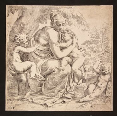  Paolo Farinati  (Verona, 1524) : Figura femminile con tre putti (Carità).  - Asta Stampe, disegni, carte geografiche e vedute - Libreria Antiquaria Gonnelli - Casa d'Aste - Gonnelli Casa d'Aste