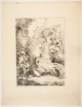  Bartolomeo Biscaino  (Genova,  - 1657) : Sacra Famiglia con angeli.  - Asta Stampe, disegni, carte geografiche e vedute - Libreria Antiquaria Gonnelli - Casa d'Aste - Gonnelli Casa d'Aste