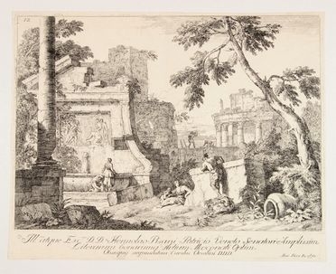  Marco Ricci  (Belluno, 1676 - Venezia, 1730) : Capriccio con fontana e tempio.  - Asta Stampe, disegni, carte geografiche e vedute - Libreria Antiquaria Gonnelli - Casa d'Aste - Gonnelli Casa d'Aste