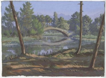  Pietro D'Achiardi  (Pisa, 1879 - Roma, 1940) : Paesaggio fluviale con ponte.  - Asta Stampe e Disegni - Libreria Antiquaria Gonnelli - Casa d'Aste - Gonnelli Casa d'Aste