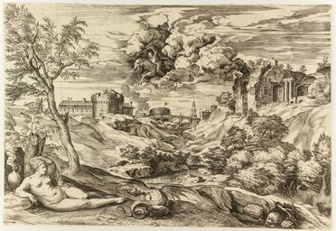  Cornelis Cort  (Hoorn, 1533 - Roma, 1578) : Angelica salvata da Ruggero.  Tiziano Vecellio  - Asta Stampe e Disegni - Libreria Antiquaria Gonnelli - Casa d'Aste - Gonnelli Casa d'Aste
