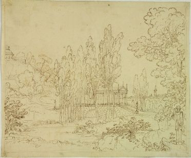  Rodolfo Fantuzzi  (Bologna, 1781 - 1832) : Paesaggio fluviale con ponte in forma di tempio ed erma.  - Asta Stampe e Disegni - Libreria Antiquaria Gonnelli - Casa d'Aste - Gonnelli Casa d'Aste