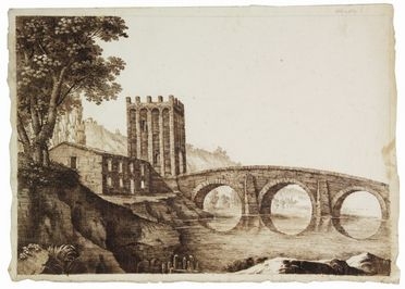  Flaminio Innocenzo Minozzi  (Bologna, 1735 - 1817) : Paesaggio con torre e ponte.  - Asta LIBRI, MANOSCRITTI, STAMPE E DISEGNI - Libreria Antiquaria Gonnelli - Casa d'Aste - Gonnelli Casa d'Aste