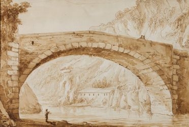  Pietro Ronzoni  (Sedrina, 1781 - Bergamo, 1862) : Veduta di un ponte sopra un torrente nei dintorni di Bergamo. (Bonate di Sotto?).  - Auction BOOKS, MANUSCRIPTS, PRINTS AND DRAWINGS - Libreria Antiquaria Gonnelli - Casa d'Aste - Gonnelli Casa d'Aste