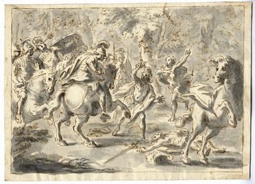  Jacopo Chiavistelli  (Firenze, 1621 - 1698) [cerchia di] : Scena di combattimento tra cavalieri.  - Asta LIBRI, MANOSCRITTI, STAMPE E DISEGNI - Libreria Antiquaria Gonnelli - Casa d'Aste - Gonnelli Casa d'Aste