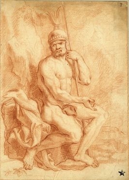  Scuola olandese del XVII-XVIII secolo : Soldato nudo seduto con lancia ed elmo.  - Asta LIBRI, MANOSCRITTI, STAMPE E DISEGNI - Libreria Antiquaria Gonnelli - Casa d'Aste - Gonnelli Casa d'Aste